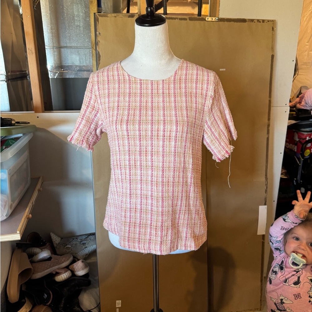 Elegant Pink Plaid Short Sleeve Top